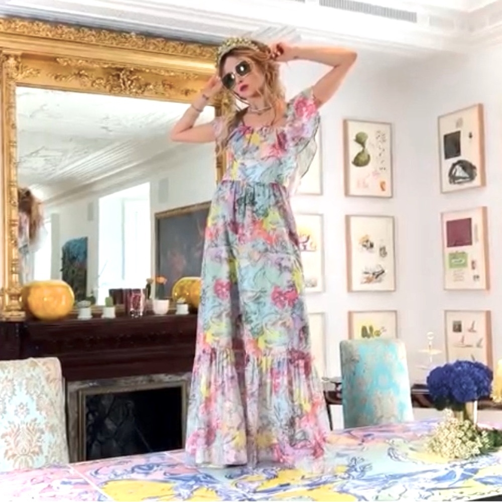 NWT Alice + Olivia Ruffled Off Shoulder Maxi Dress - Multi Print Boho Maxi Dress - Picture 8 of 15